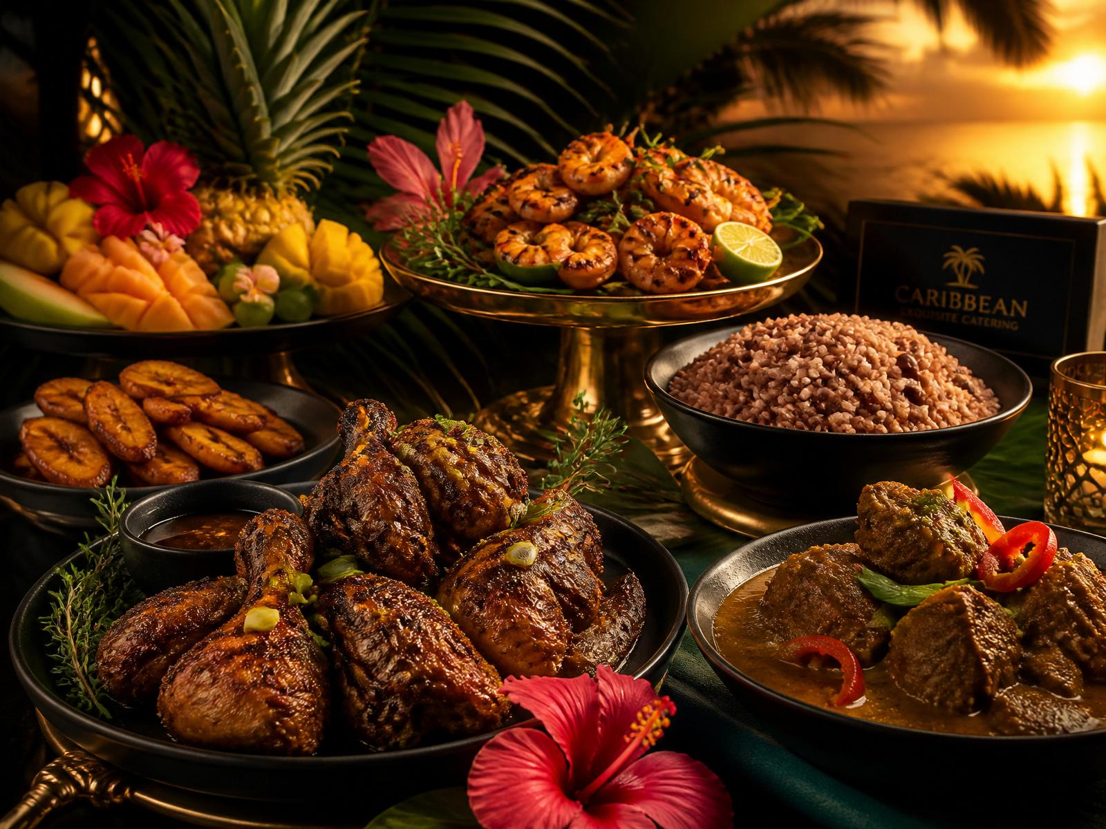 Luxury Caribbean catering spread with jerk chicken, shrimp and tropical fruit